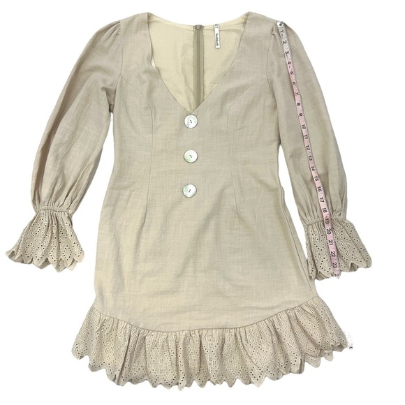 INDIKAH by Angel Biba Nude Low Cut U-neck Ruffle Linen Blend Mini Dress Medium - Picture 8 of 14
